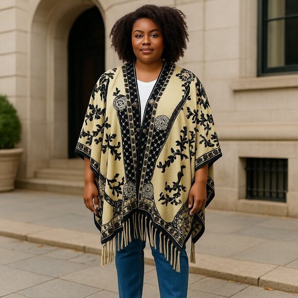 Black Tan 7-Way Scarf Poncho Top Metallic Threading  Fringe By Kokomo Unlimited - Picture 12 of 12